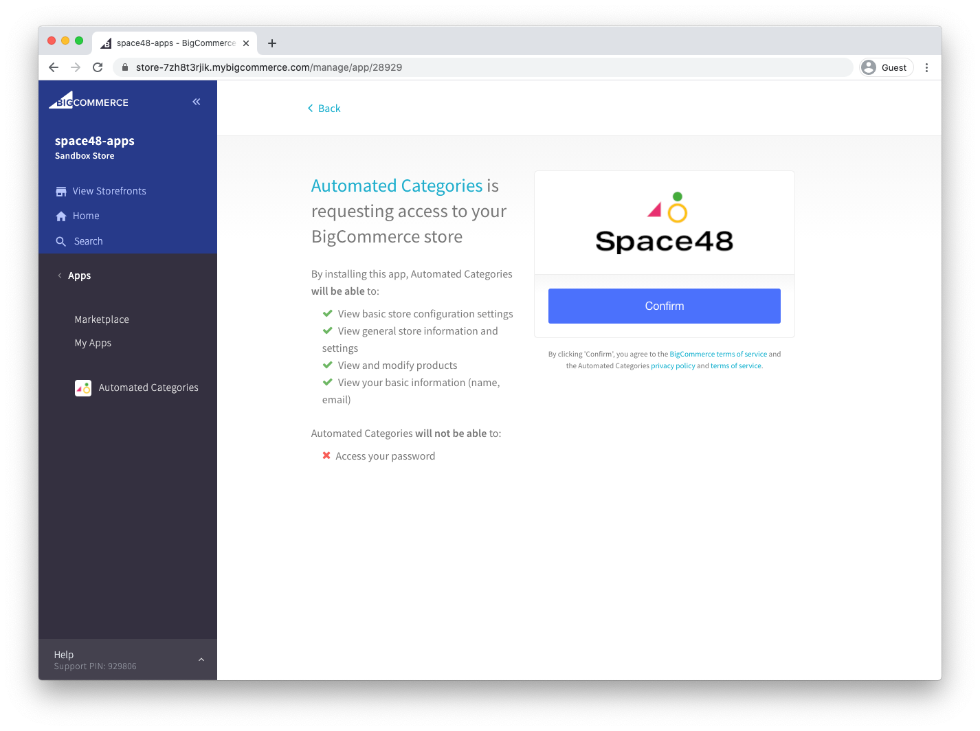 BigCommerce app permissions confirmation screen
