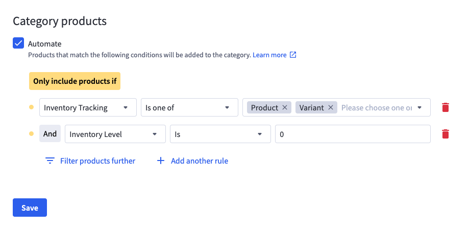 Rule matching products with inventory tracking and no stock
