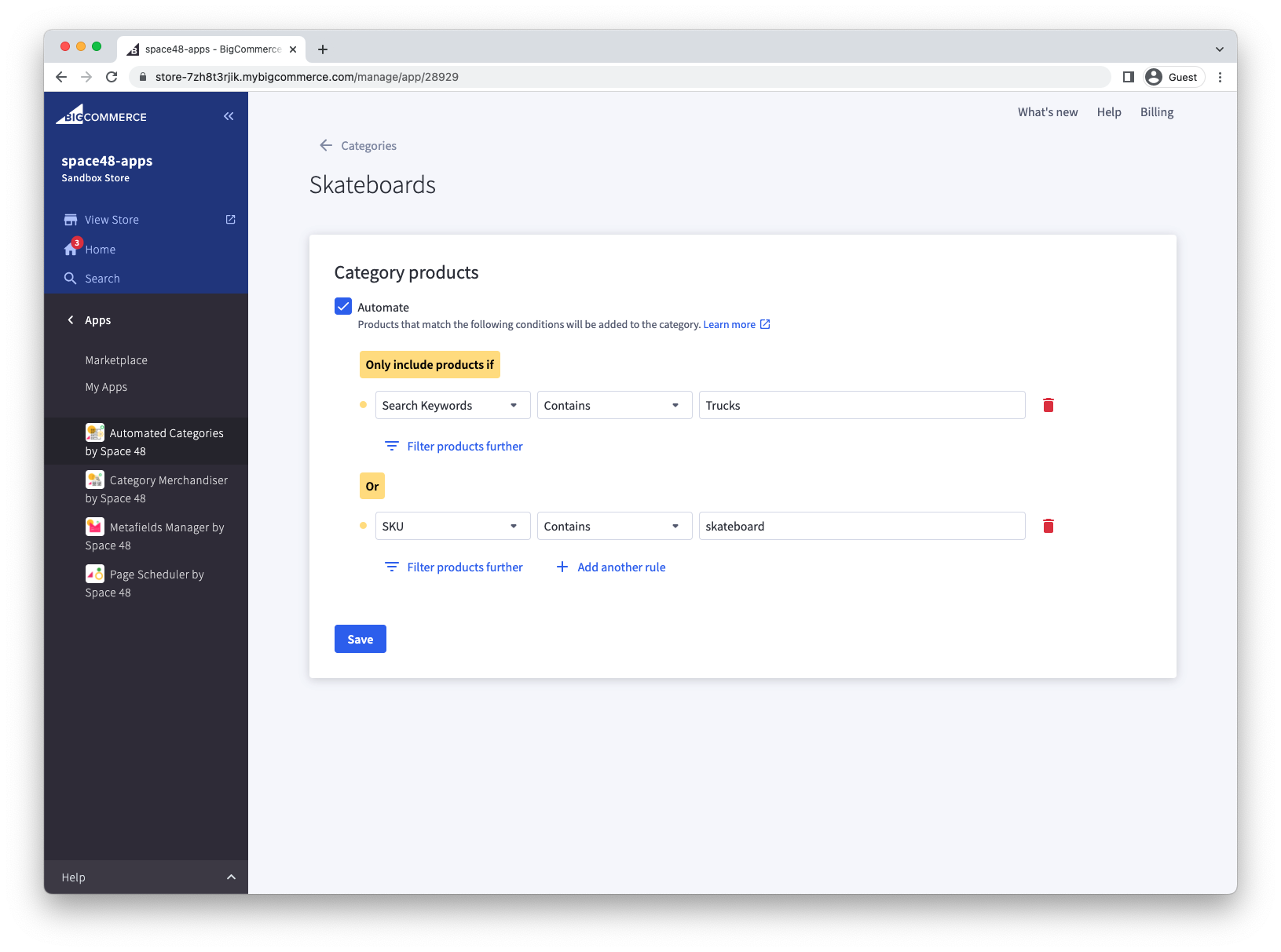 Rule joining Search Keywords and SKU conditions with OR